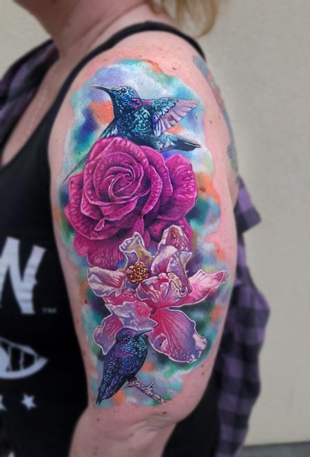 Tattoos - Rose, Hibiscus, Hummingbirds - 132453